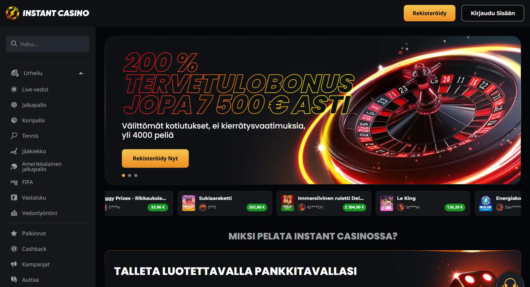 Nopea Instant Kasino kotisivu ja tervetuliaisbonukset